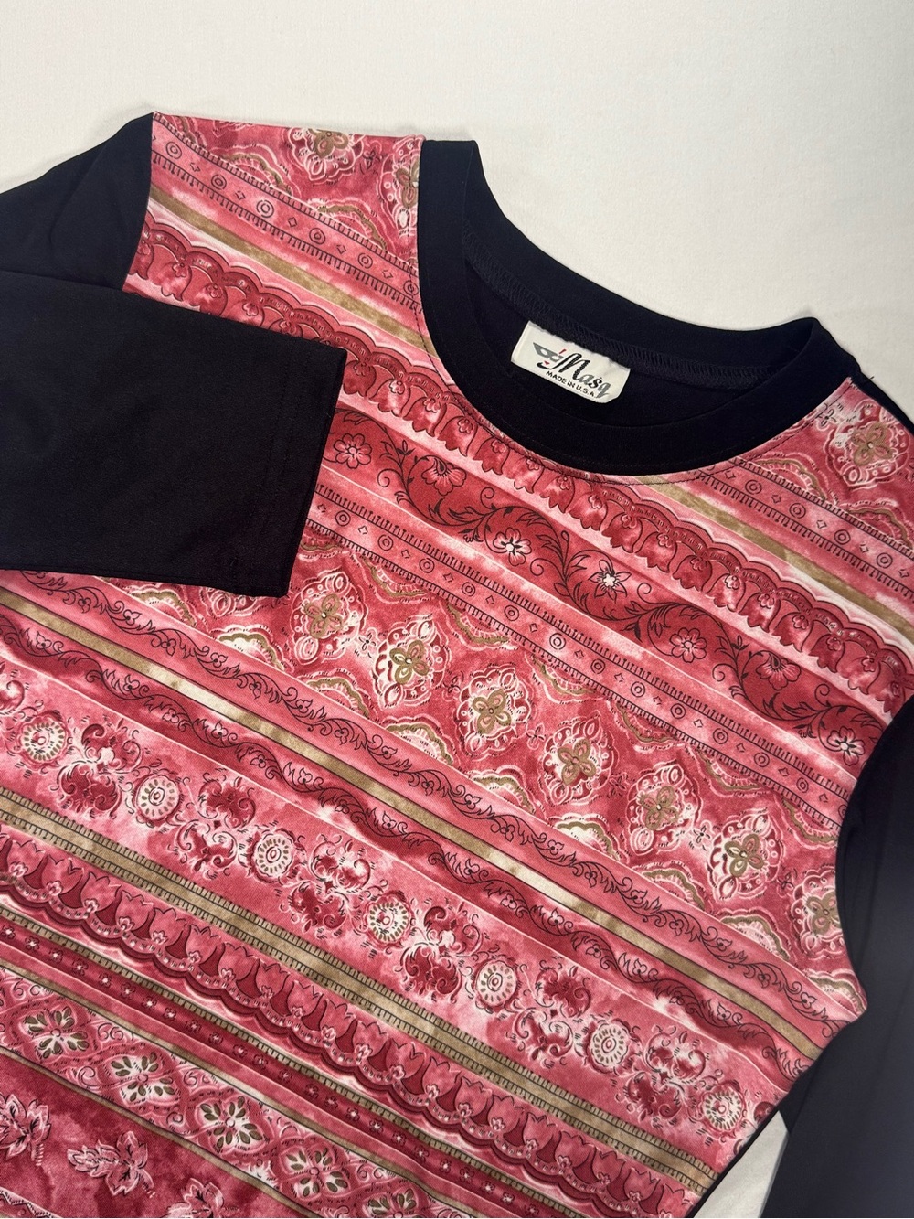 Vintage 90s Y2K Masq Women’s S Black Pink Floral Paisley Top 3/4 Sleeve USA Made
